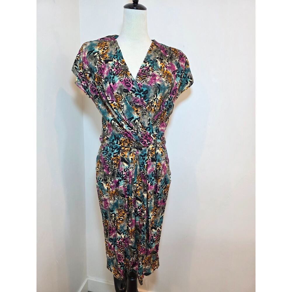 Vintage Tie Dye Colorful Animal Print Dress Small Faux Wrap Sheath USA Y2K Retro